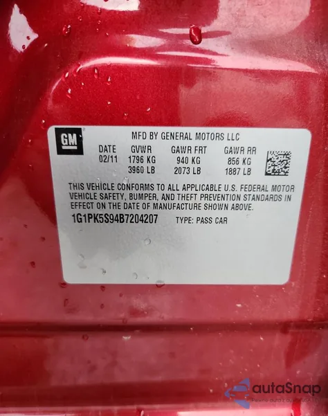 2011 Chevrolet Cruze Eco from USA, damaged, VIN 1G1PK5S94B7204207